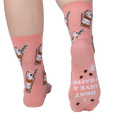 Close-up shot of the back of Cat-puccino socks. The socks have 'I DON'T GIVE A FRAPPE' text printed on the heel.