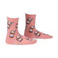 Pair of peach-colored crew socks with a repeating pattern of cartoon cats in coffee cups.  Features green straws and coffee bean accents.
