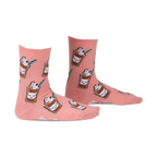 Pair of peach-colored crew socks with a repeating pattern of cartoon cats in coffee cups.  Features green straws and coffee bean accents.