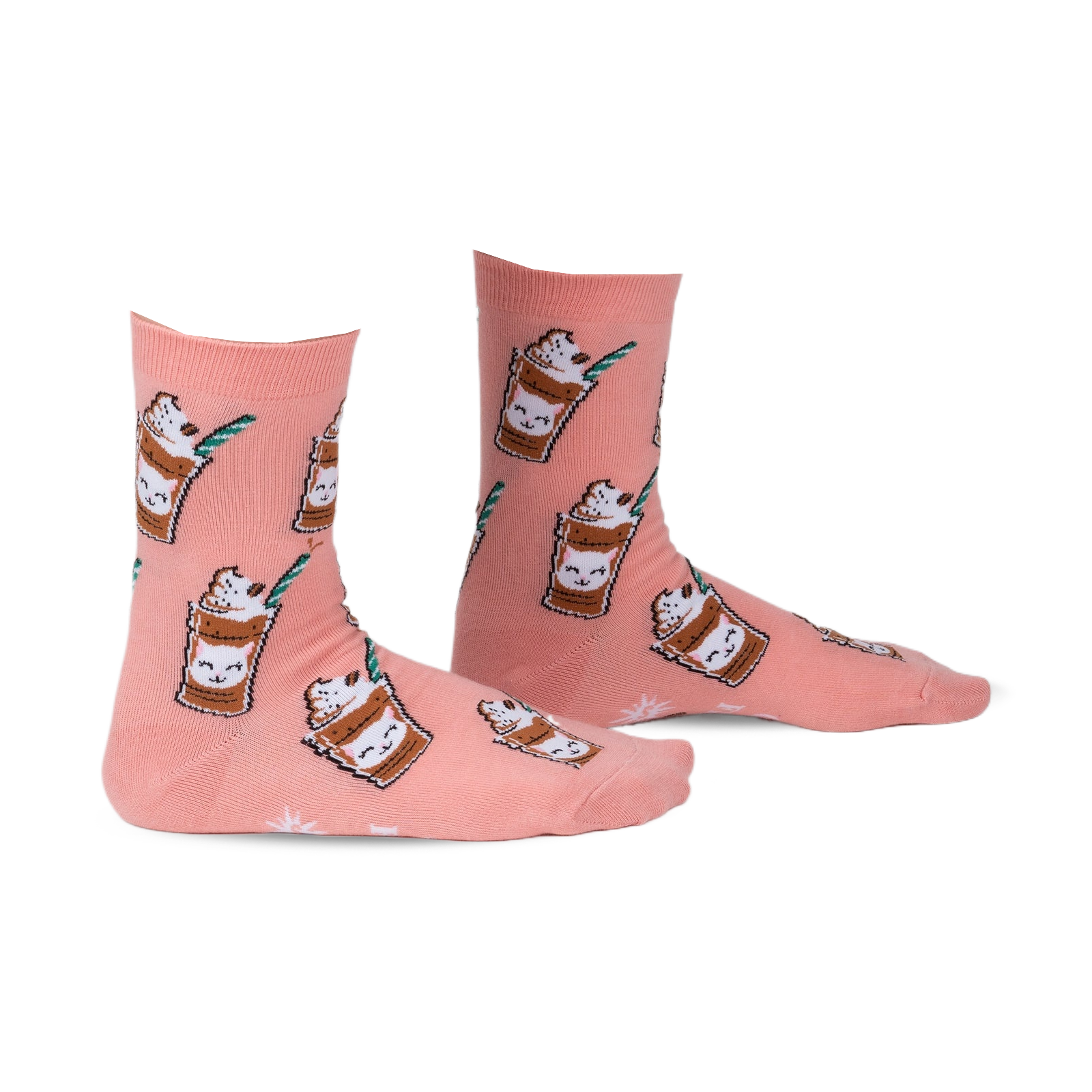 Pair of peach-colored crew socks with a repeating pattern of cartoon cats in coffee cups.  Features green straws and coffee bean accents.