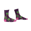 Pair of purple crew socks with a whimsical cactus and flower design. Pink accents at the heel and toe.