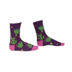 Pair of purple crew socks with a whimsical cactus and flower design. Pink accents at the heel and toe.