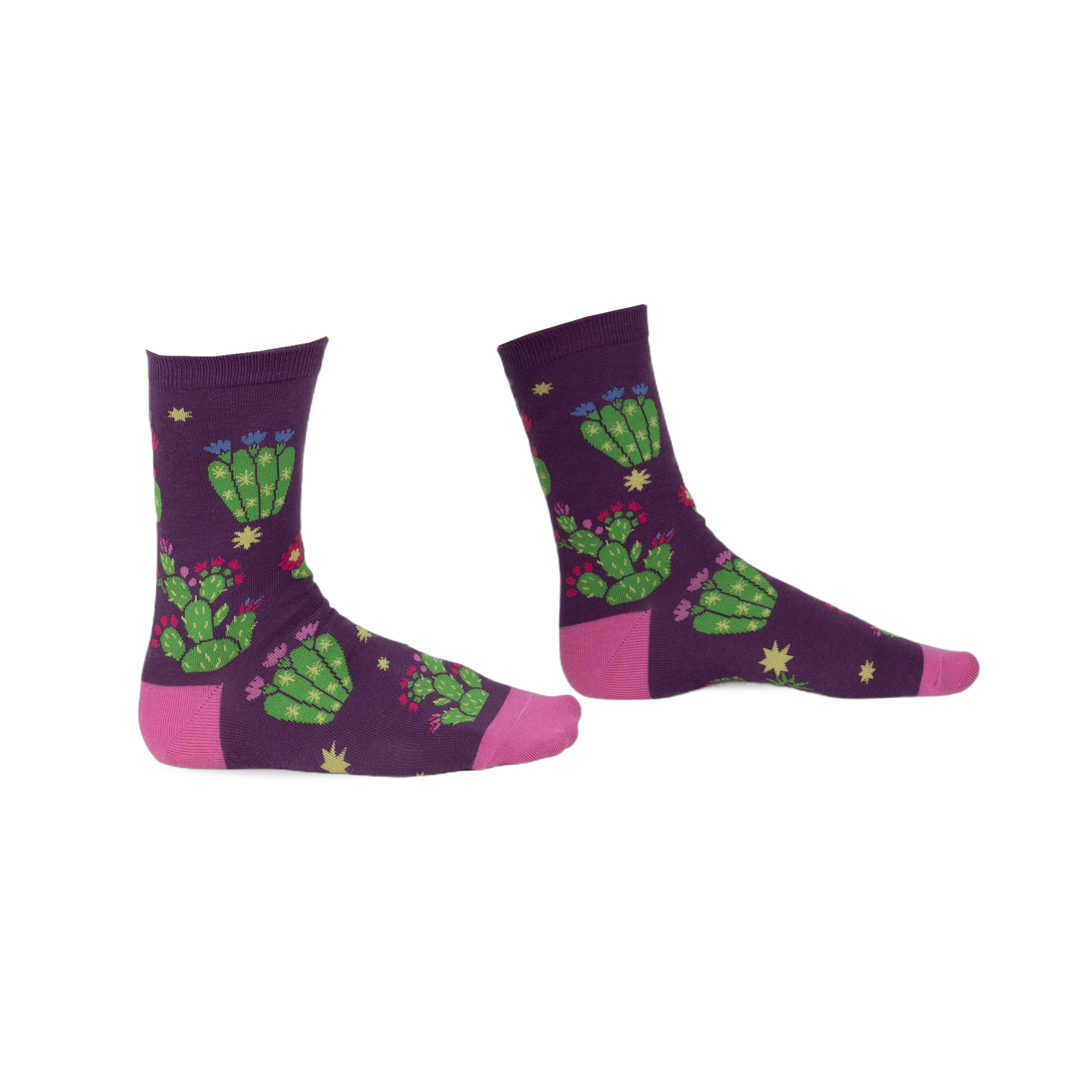 Pair of purple crew socks with a whimsical cactus and flower design. Pink accents at the heel and toe.