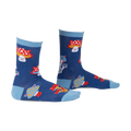 Pair of crew socks in navy blue with a whimsical design featuring cartoon cats and mushrooms in red, white, and yellow.