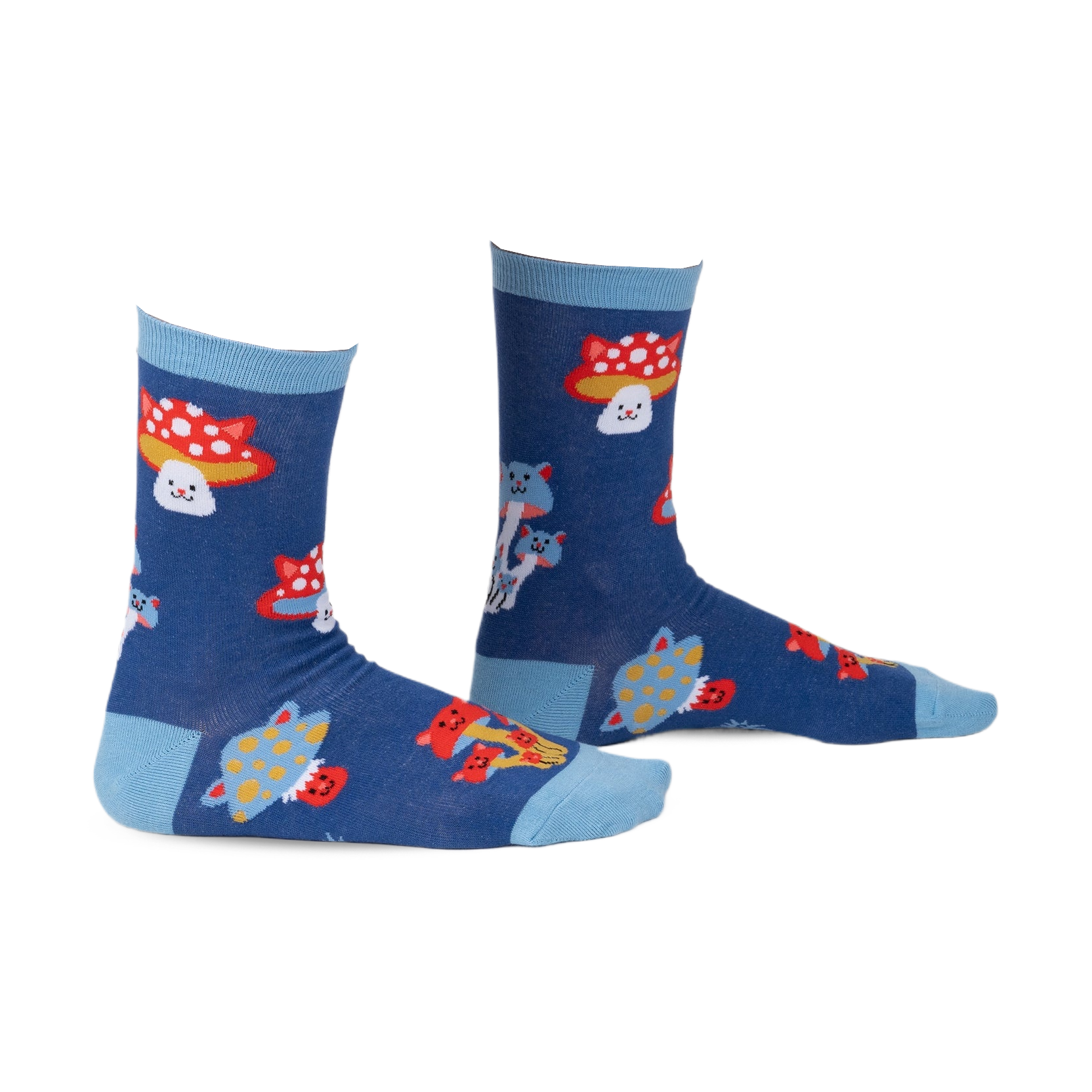 Pair of crew socks in navy blue with a whimsical design featuring cartoon cats and mushrooms in red, white, and yellow.