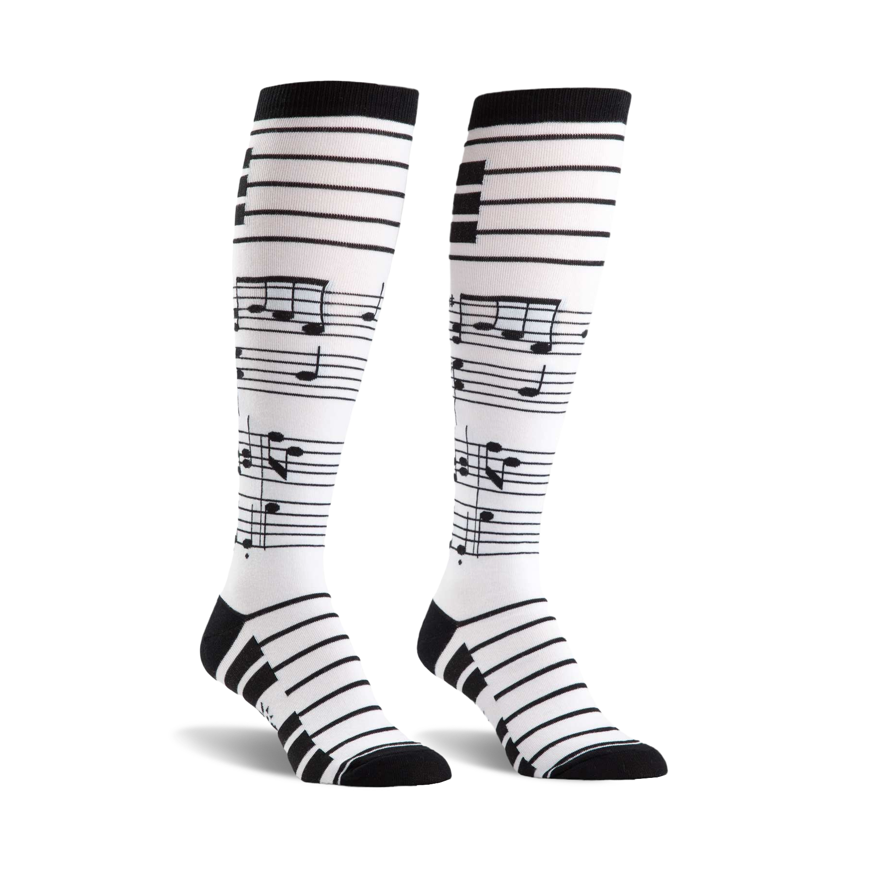 Pair of black and white knee-high socks.  The socks have a musical staff and notes design.