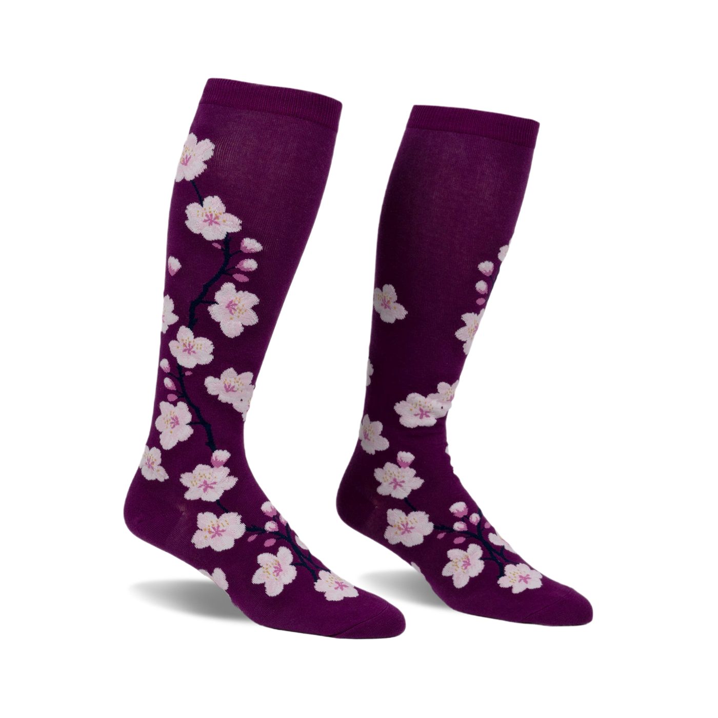 Pair of women's knee-high socks; purple with pink cherry blossom design.