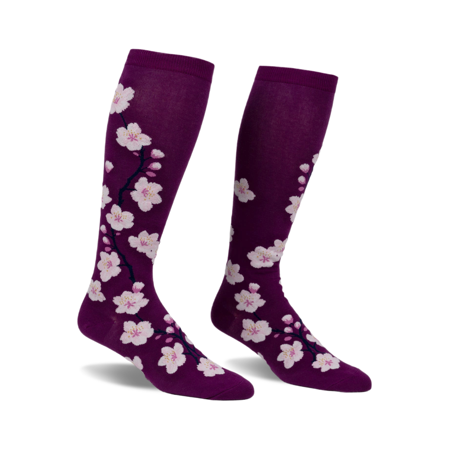 Pair of women's knee-high socks; purple with pink cherry blossom design.