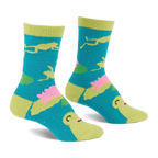 Pair of fuzzy teal blue slipper socks with lime green jumping frogs, pink lily pads, and frog faces on toes.