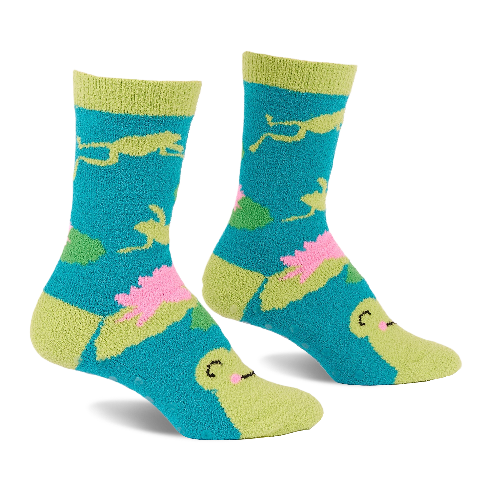 Pair of fuzzy teal blue slipper socks with lime green jumping frogs, pink lily pads, and frog faces on toes.