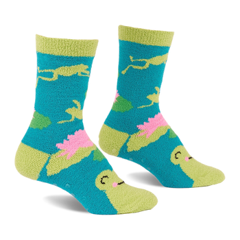 Pair of fuzzy teal blue slipper socks with lime green jumping frogs, pink lily pads, and frog faces on toes.