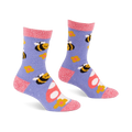 Pair of fuzzy periwinkle slipper socks with pink cuffs, heels, and toes, patterned with yellow bees, mushrooms, and flowers.