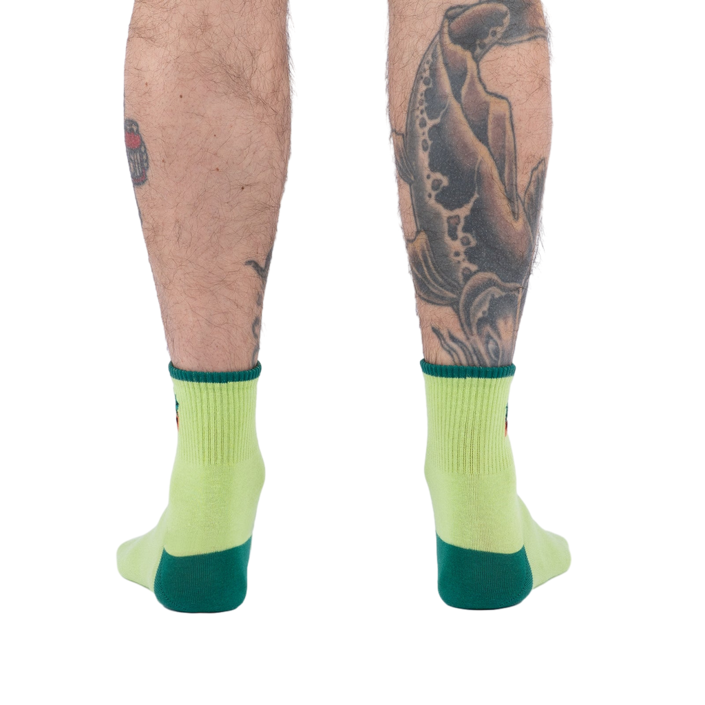 Back view of the Plant Lover socks on a person's legs.
