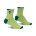 Pair of lime green ankle socks with a small embroidered potted plant design and hunter green accents at the heel and toe.