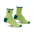 Pair of lime green ankle socks with a small embroidered potted plant design and hunter green accents at the heel and toe.