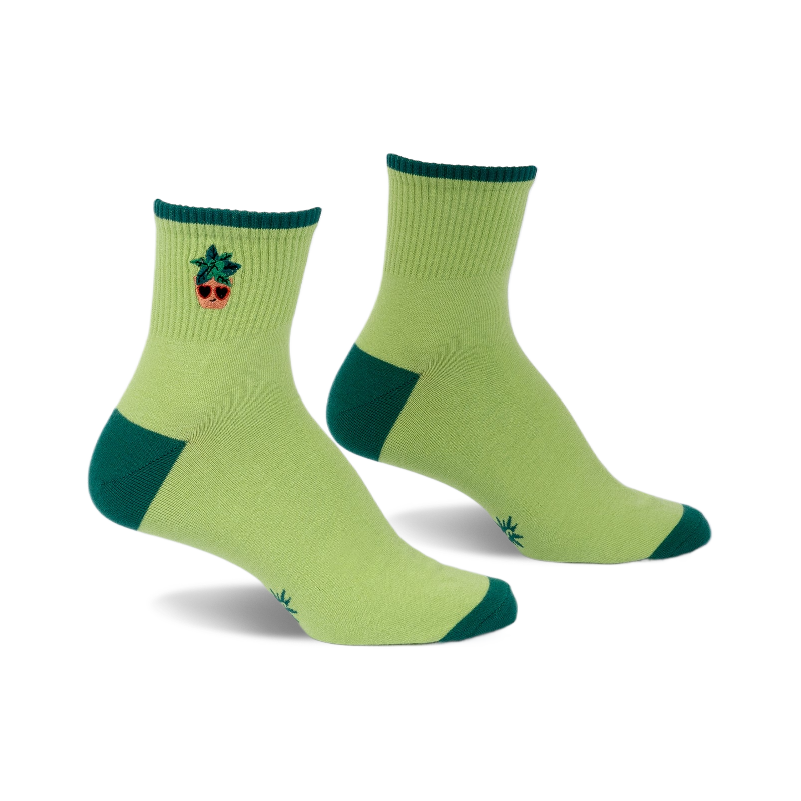 Pair of lime green ankle socks with a small embroidered potted plant design and hunter green accents at the heel and toe.