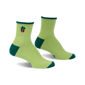 Pair of lime green ankle socks with a small embroidered potted plant design and hunter green accents at the heel and toe.