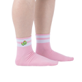 Lifestyle shot of person wearing pink ankle socks with olive embroidery and white stripes.
