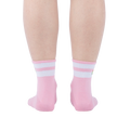 Back view of pink ankle socks featuring cute olive embroidery and white stripes.