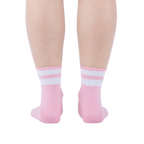 Back view of pink ankle socks featuring cute olive embroidery and white stripes.