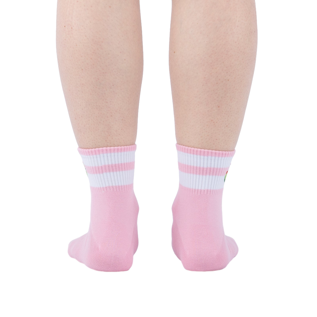 Back view of pink ankle socks featuring cute olive embroidery and white stripes.