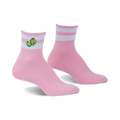 Pair of pink ankle socks with white stripes and embroidered olives.  The olives have happy faces.