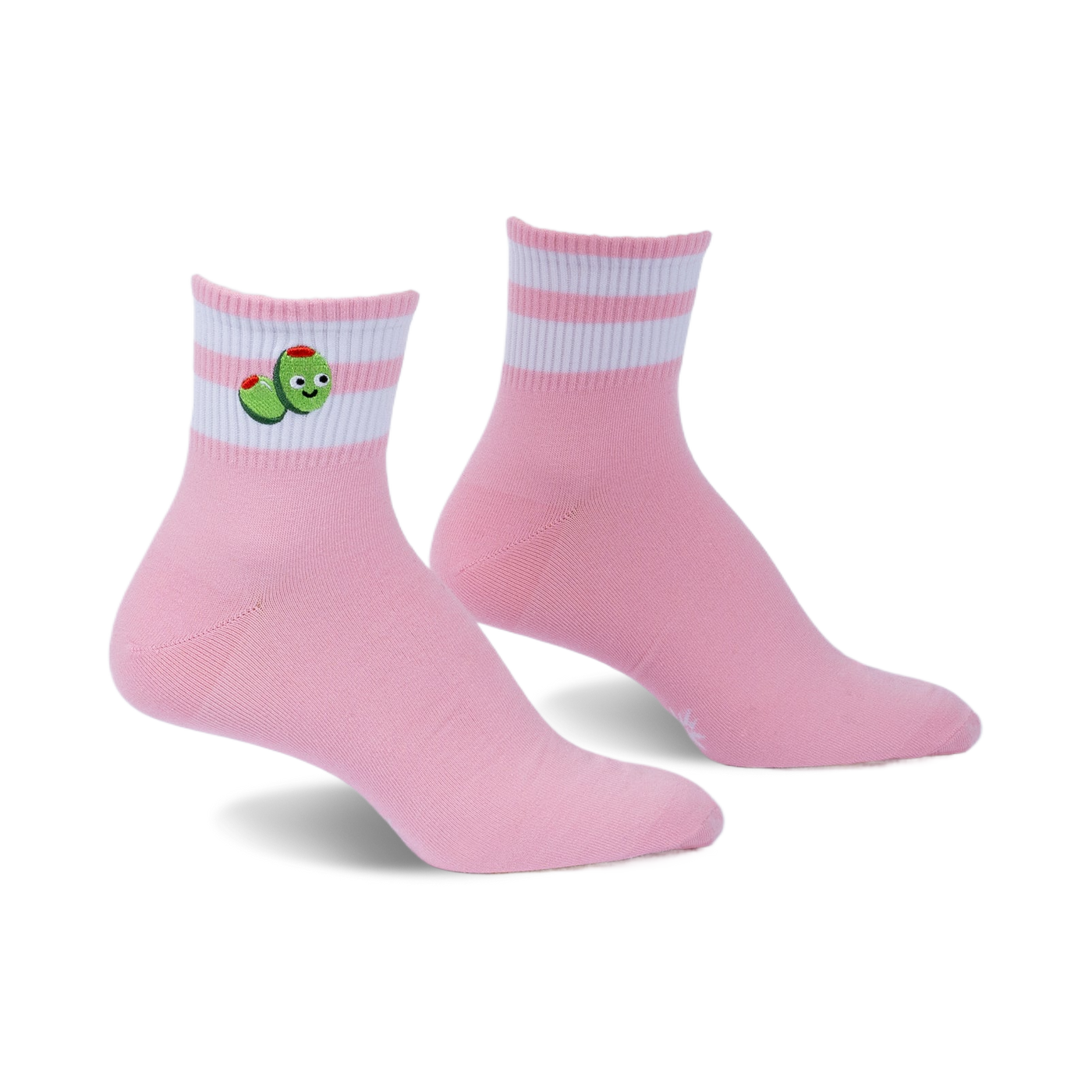 Pair of pink ankle socks with white stripes and embroidered olives.  The olives have happy faces.