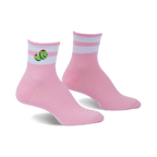 Pair of pink ankle socks with white stripes and embroidered olives.  The olives have happy faces.