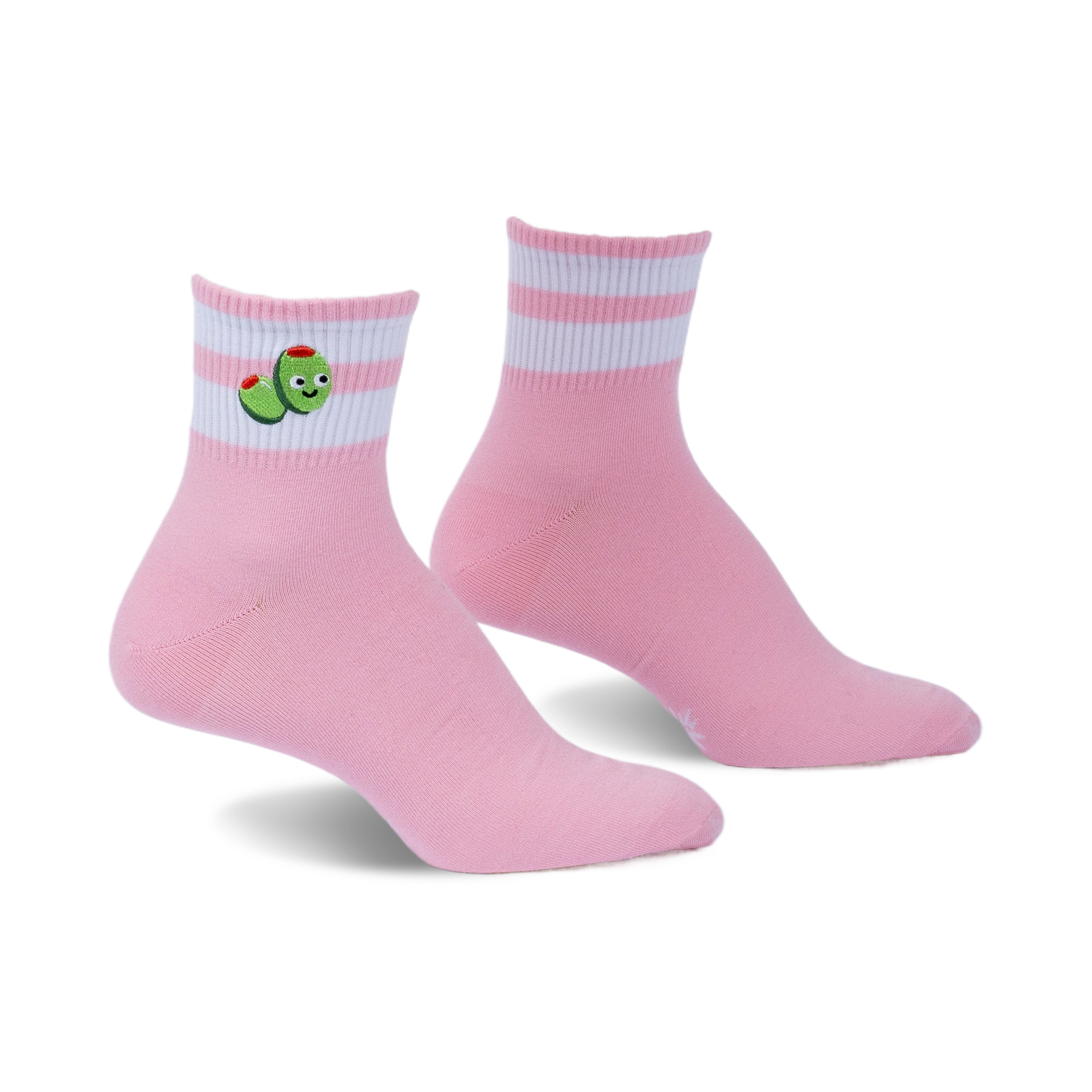 Pair of pink ankle socks with white stripes and embroidered olives.  The olives have happy faces.