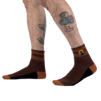 Lifestyle photo showing the socks on a model's legs.
