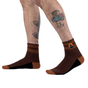Lifestyle photo showing the socks on a model's legs.