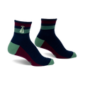 Pair of navy, burgundy, and green striped ankle socks. Features a small embroidered alien abduction scene on the cuff.