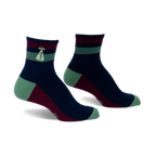 Pair of navy, burgundy, and green striped ankle socks. Features a small embroidered alien abduction scene on the cuff.