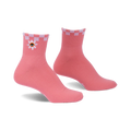 Pair of pink ankle socks with a white and pink checkered cuff and embroidered daisy with an eye in the center.