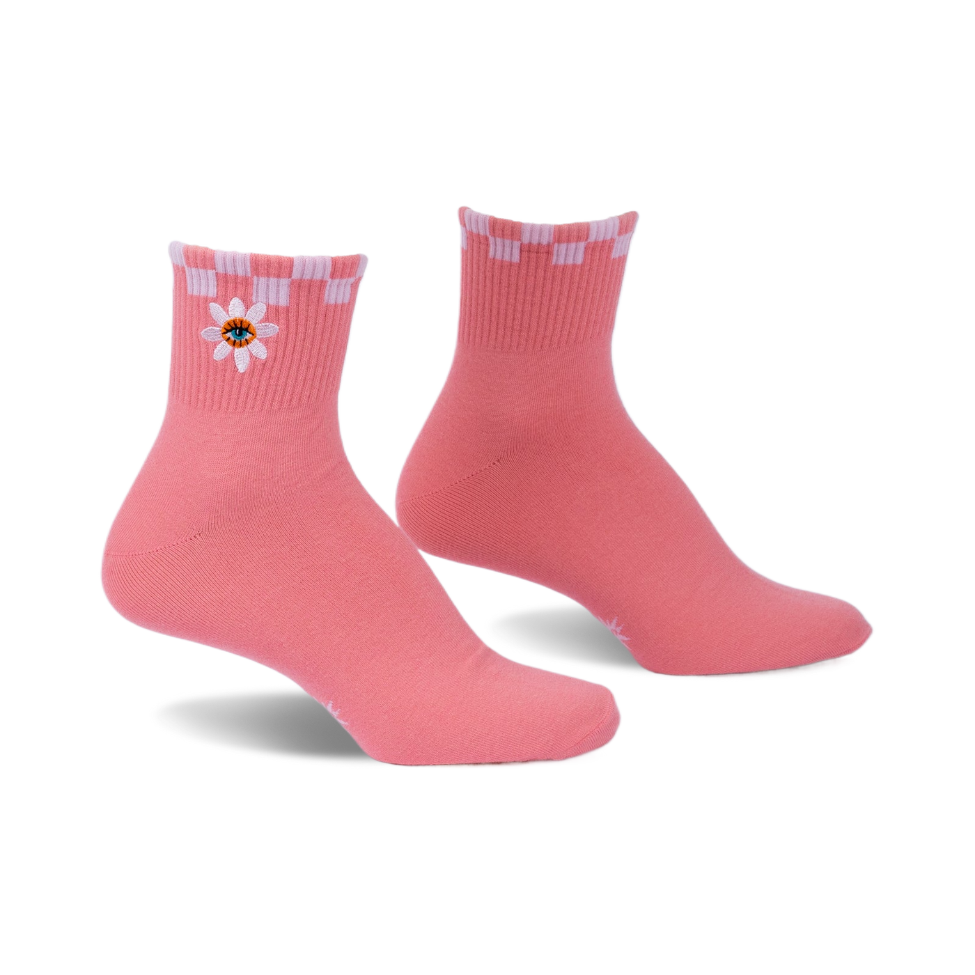 Pair of pink ankle socks with a white and pink checkered cuff and embroidered daisy with an eye in the center.