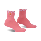 Pair of pink ankle socks with a white and pink checkered cuff and embroidered daisy with an eye in the center.