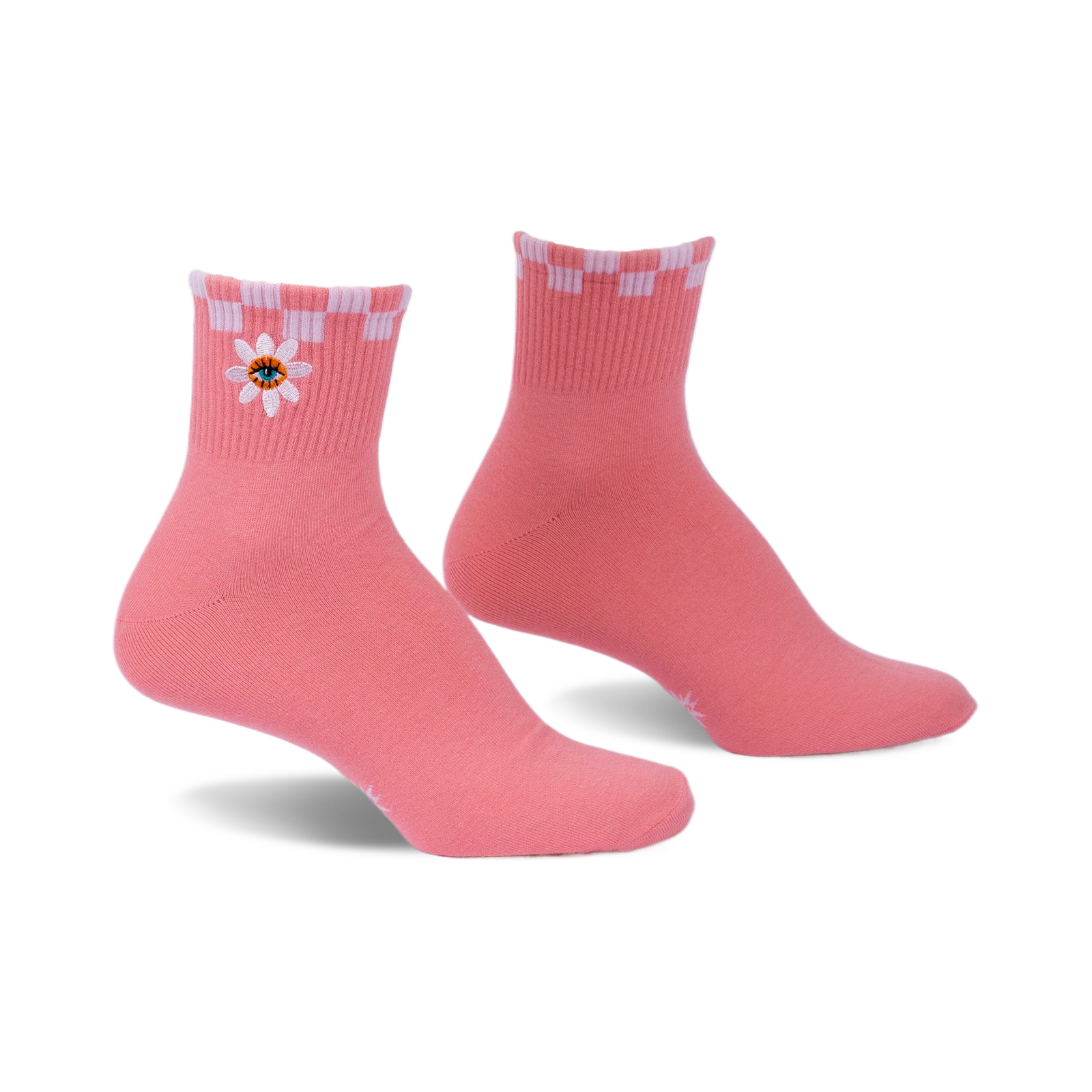 Pair of pink ankle socks with a white and pink checkered cuff and embroidered daisy with an eye in the center.