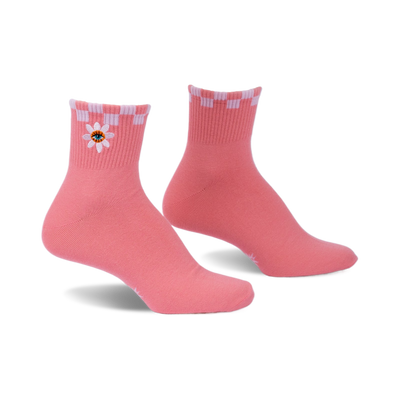 Pair of pink ankle socks with a white and pink checkered cuff and embroidered daisy with an eye in the center.