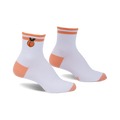 Pair of white ankle socks with peach embroidery, orange stripes, and orange heel and toe details. 