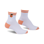 Pair of white ankle socks with peach embroidery, orange stripes, and orange heel and toe details. 