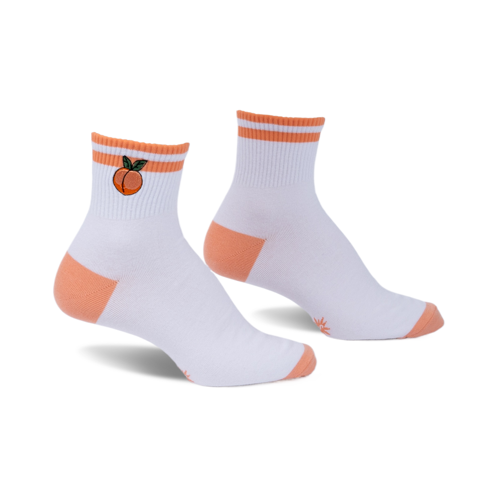 Pair of white ankle socks with peach embroidery, orange stripes, and orange heel and toe details. 
