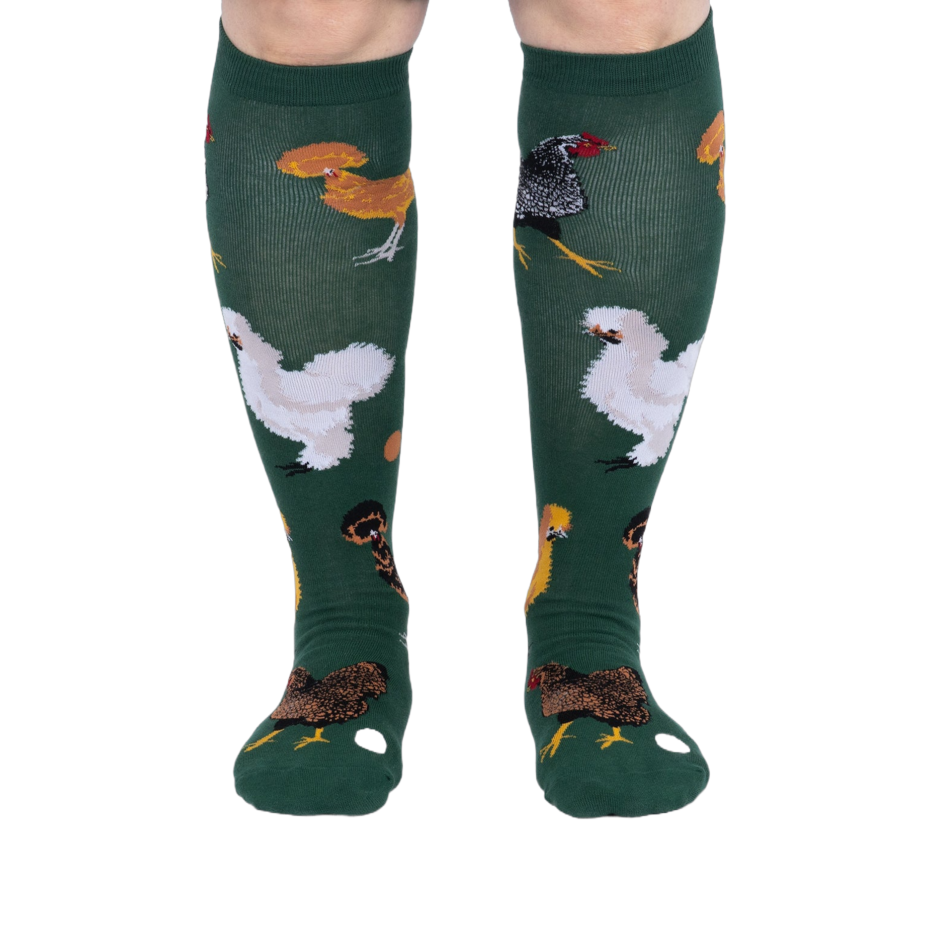 Person wearing dark green knee-high socks patterned with various chickens and eggs, standing, front view.