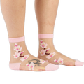 Sheer ankle socks with delicate embroidered pink cherry blossoms, pink cuffs, reinforced heels, and toes.