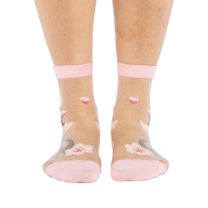 Cherry Blossoms sheer nude ankle socks with delicate pink floral design, ribbed cuffs and toes.