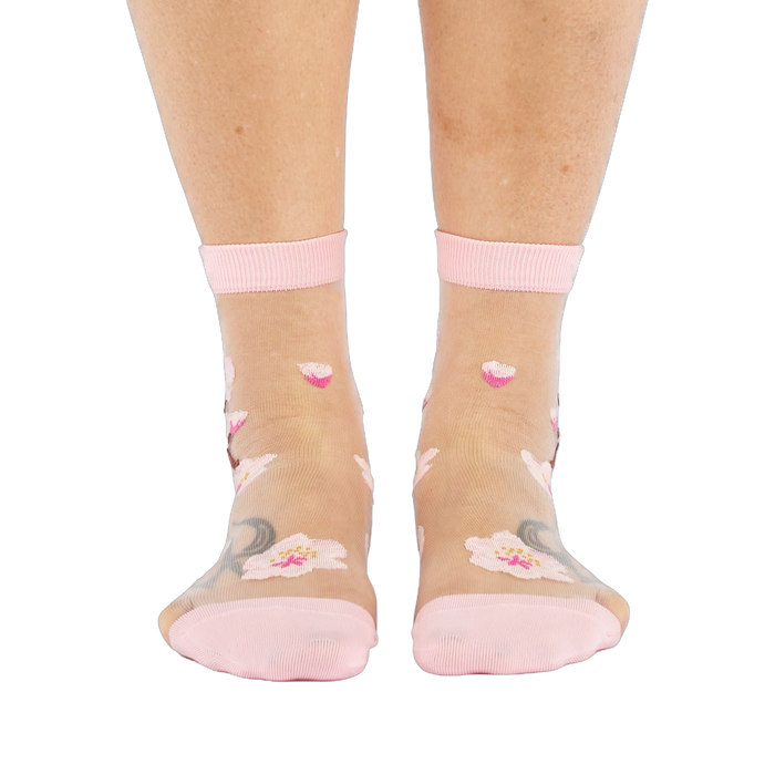 Cherry Blossoms sheer nude ankle socks with delicate pink floral design, ribbed cuffs and toes.