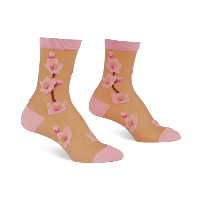 cherry blossoms  cherry blossom themed womens beige novelty crew socks