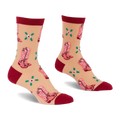 Pair of sheer ankle socks with pink cowboy boots and green clover flowers on a light beige background, with dark red cuffs, heels, and toes.