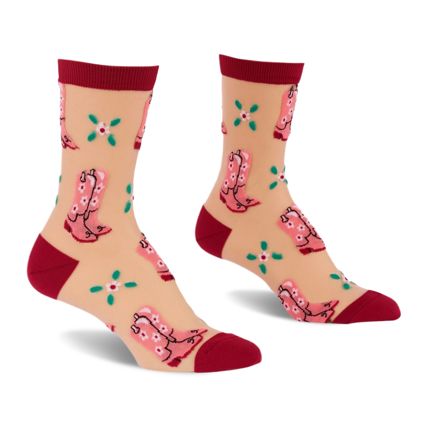 Pair of sheer ankle socks with pink cowboy boots and green clover flowers on a light beige background, with dark red cuffs, heels, and toes.