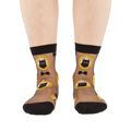 Full frontal view of a person's lower legs and feet wearing the sheer black cat socks on a white background.