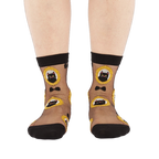 Full frontal view of a person's lower legs and feet wearing the sheer black cat socks on a white background.